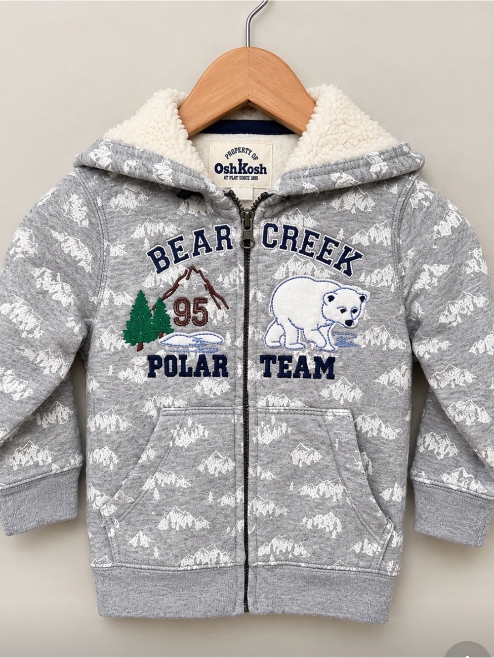 OshKosh Gray Polar Team Hooded Zip Sweatshirt with Sherpa Lining-NWOT Size 3T